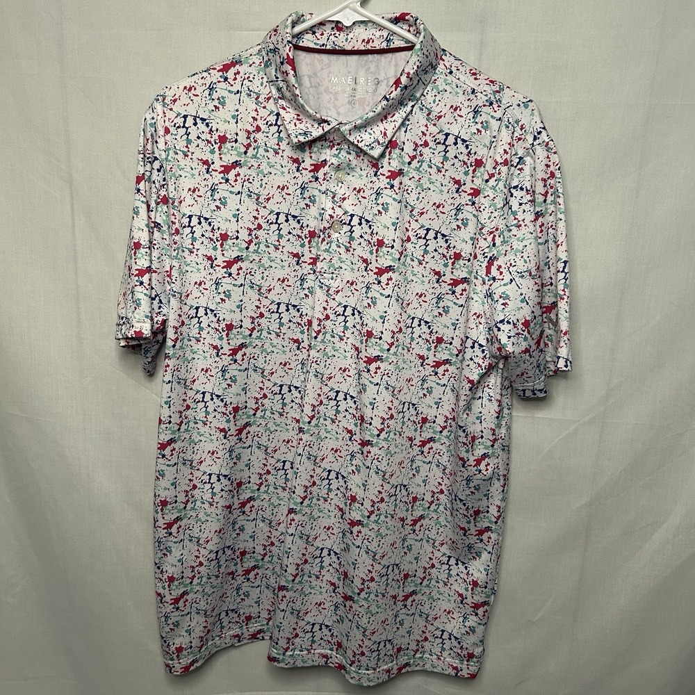 Maelreg Performance Polo Mens Large White Paint Splatter Short Sleeve Golf Shirt